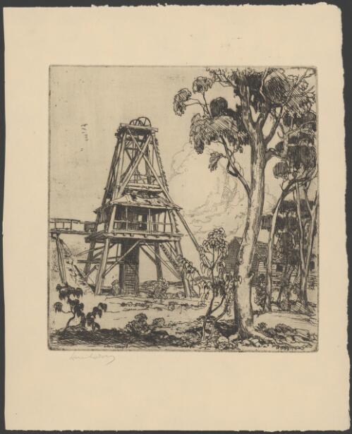 Abandoned old mine, Creswick, Victoria, 1916 [picture] / Lionel Lindsay