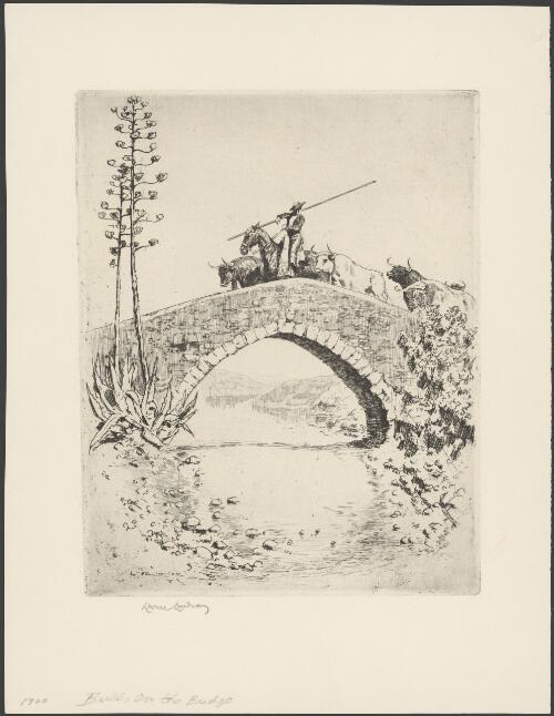 Bulls on the bridge, Andalusia, Spain, 1920 [picture] / Lionel Lindsay