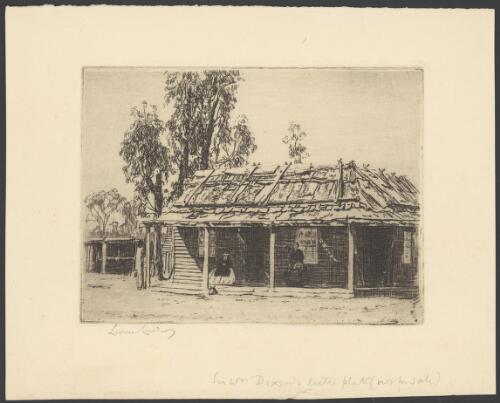 Old bark hut, home of Sir William Dixon's family, Forbes, 1923 [picture] / Lionel Lindsay