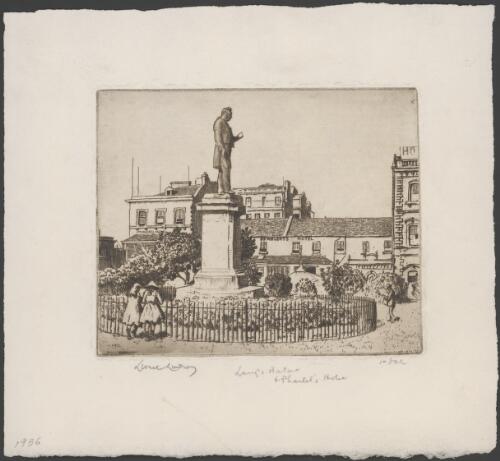 Albert the Good statue and Pfahlerts Hotel, Wynyard Square, Sydney, 1936 [picture] / Lionel Lindsay