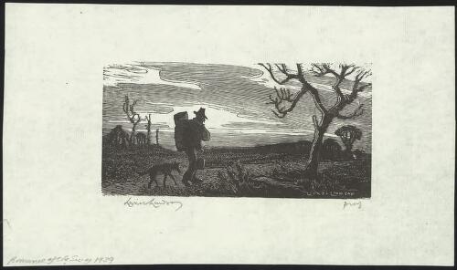 Swagman walking with dog, 1939 [picture] / Lionel Lindsay