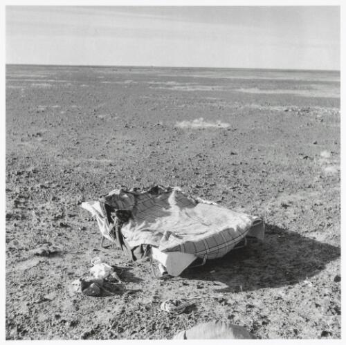 Folding bed in a parched plain, Queensland, 1952 [picture] / Sidney Nolan