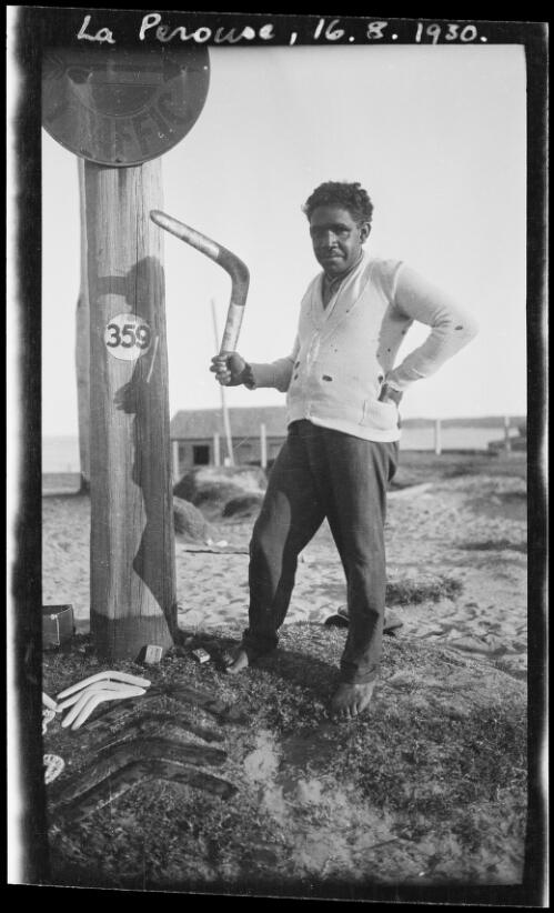 Aboriginal man holding a boomerang at La Perouse, Sydney, 16 August 1930, 2