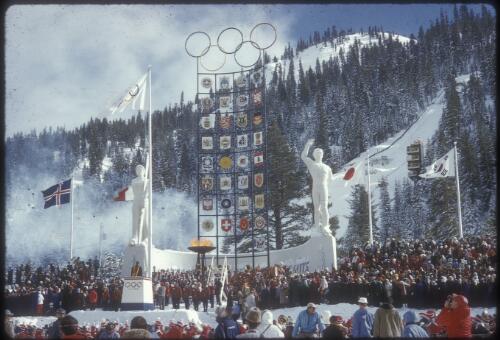 View of the Tower of Nations during the opening ceremony at the Olympic Winter Games, Squaw Valley, California, 1960 [transparency] / Donald Maclurcan