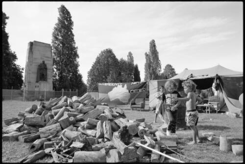 Large wood pile at the Aboriginal Tent Embassy, Canberra, 30 January, 1992 [picture] / Bob Miller