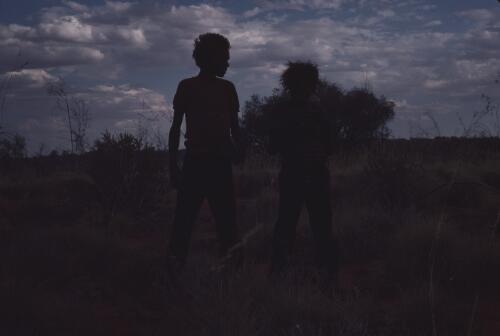 Portrait of two boys, Mulyati [?], Docker River Region, Northern Territory, 1980 [transparency] / Andrew Crocker