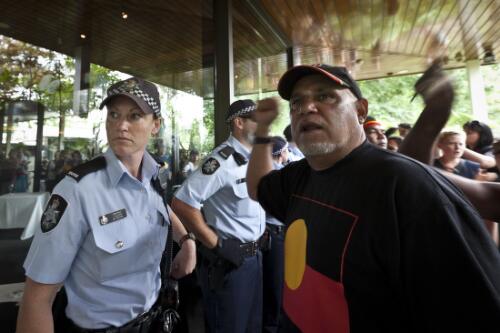 Police lined up in front of the Lobby restaurant to block access to protesters during the 40th anniversary of the Aboriginal Tent Embassy in Canberra, 26 January 2012 [picture] / Jodie Harris