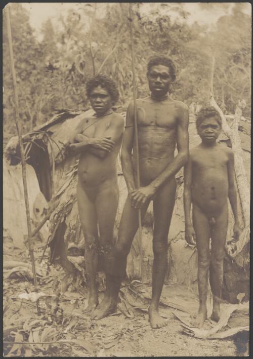 Aboriginal family standing in front of a bark shelter, the man holds a tall spear, Queensland, ca. 1900 [picture] / Handley & Atkinson Photographers