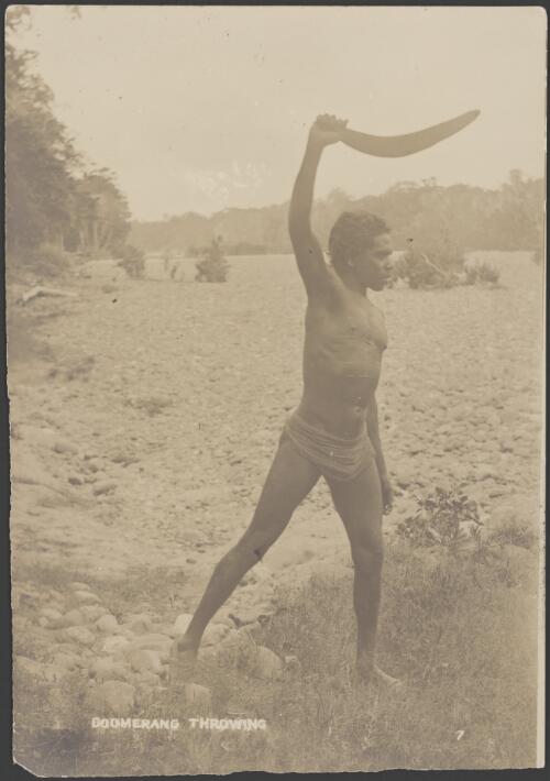 Young Aboriginal man holding a boomerang above his head, ca. 1900 [picture] / Handley & Atkinson Photographers