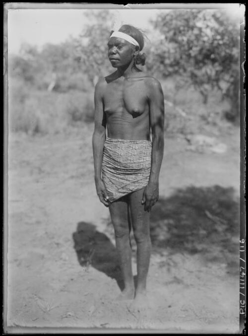 Portrait of an Aboriginal woman with body scarification on her upper body, wearing a headband and a skirt, Krichauff Ranges region in the MacDonnell Ranges, Central Australia, Northern Territory, 1911 [picture]