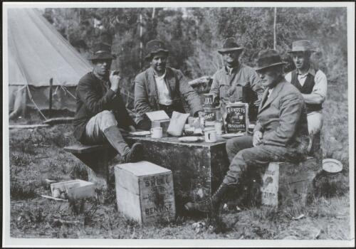 Sitting around makeshift table, Stephen Spurling 3rd, Fred Smithies, Dr Ray McClinton, George Perrin and Charles Monds, Lake St. Clair, Tasmania, 3 February 1920
