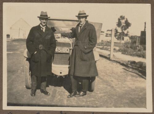 Two men standing in front of a car, Koonibba Children's Home, South Australia
