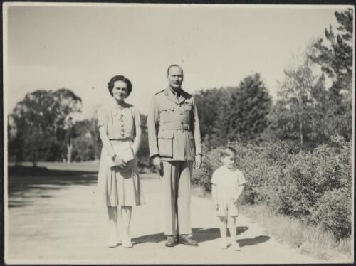 H.R.H. Prince Henry, Duke of Gloucester and H.R.H. the Duchess of Gloucester and their elder son, Prince William in the garden at Yarralumla, Canberra, 1945 / L.J. Dwyer