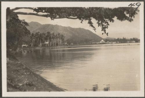 New Guinea company buildings in the distance, New Britain Island, Papua New Guinea, approximately 1916