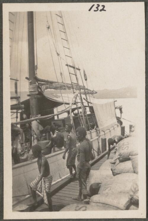 Schooner bringing copra to the wharf, Rabaul, New Britain Island, Papua New Guinea, probably 1916