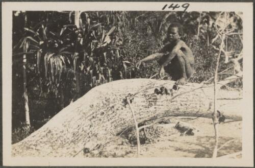 Young man resting on a log, New Britain Island, Papua New Guinea, approximately 1916