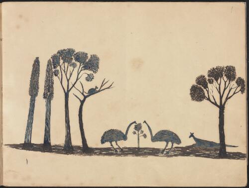 A possum, two emus and a kangaroo amongst trees, Wahgunyah Region, Victoria, 1881 / Tommy McRae