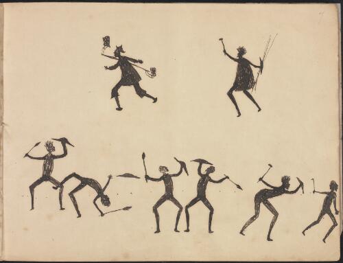 Aboriginal man chasing Chinese man and Aboriginal men fighting, Wahgunyah Region, Victoria, 1881 / Tommy McRae