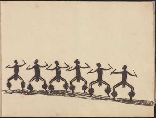 Aboriginal men holding clapping sticks in ceremonial dancing, Wahgunyah, Victoria, 1881 / Tommy McRae