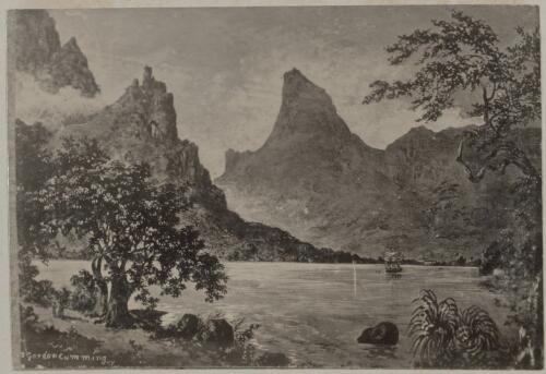 View of mountains and bay with a sailing ship, Raiatea, approximately 1895 / Gordon Cumming