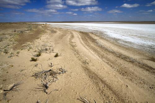 Sandy beach and salt crust at Lake Eyre South, South Australia, 2012 / Trevern Dawes