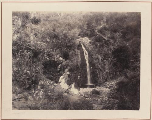 Gentleman with two ladies at the second waterfall, First Creek, Waterfall Gully, South Australia, approximately 1872 / Samuel Sweet