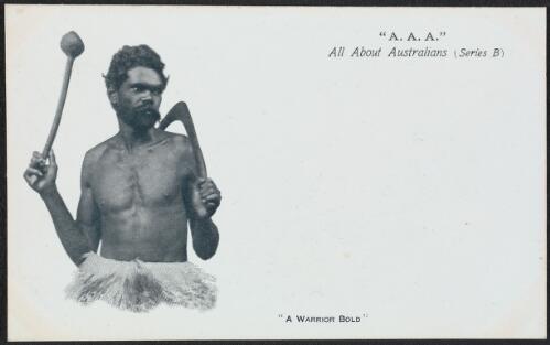 Aboriginal warrior holding a nulla nulla and a boomerang