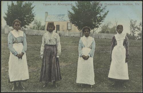 Four young Aboriginal women at Coranderrk Station, Healesville, Victoria, approximately 1910