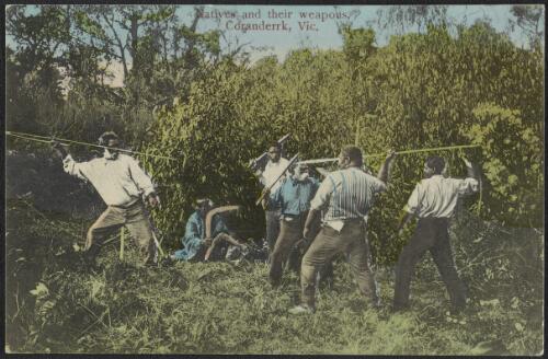 Aboriginal men staging a mock fight, Coranderrk, Victoria