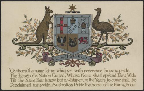 Australian coat of arms and panorama of a proposed design for the Federal site of Canberra
