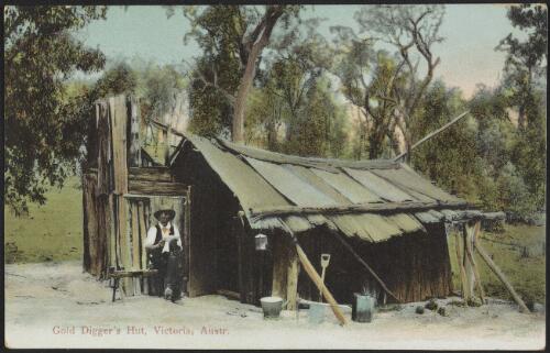 Man reading outside a gold digger's hut, Victoria
