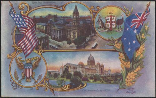 Montage of the American and Australian flags and coats of arms, the Melbourne Town Hall and Exhibition building marking the arrival of the American fleet, Melbourne,1908
