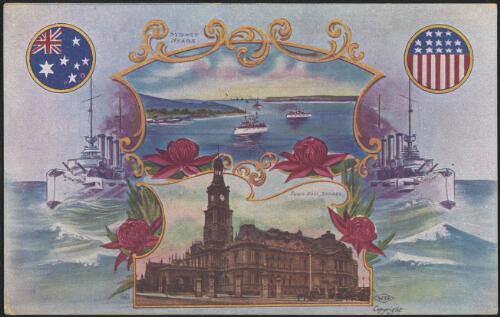 Montage of the American Fleet entering Sydney Harbour, Sydney Town Hall and the Australian and American flags, Sydney,1908