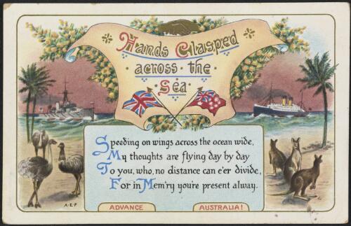 Hands clasped across the sea, advance Australia, approximately 1910