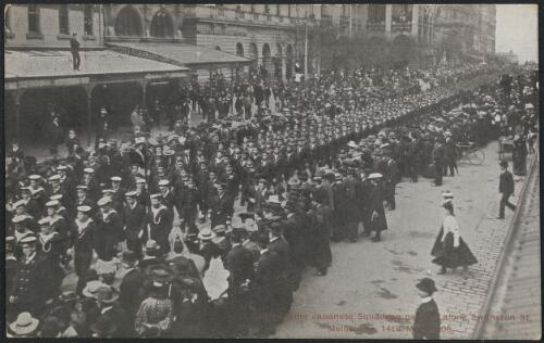 Sailors from Japanese Squadron marching along Swanston St, Melbourne, 14th May, 1906