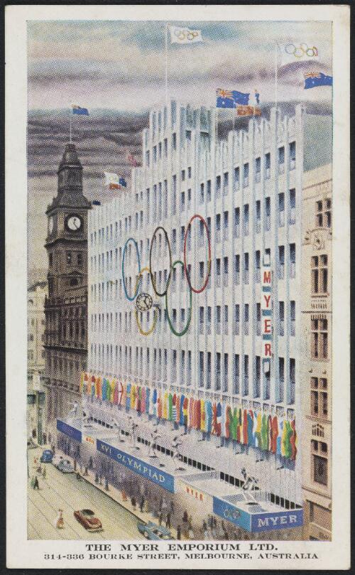 Myer Emporium building in Bourke Street, decorated for the 1956 Olympiad, Melbourne