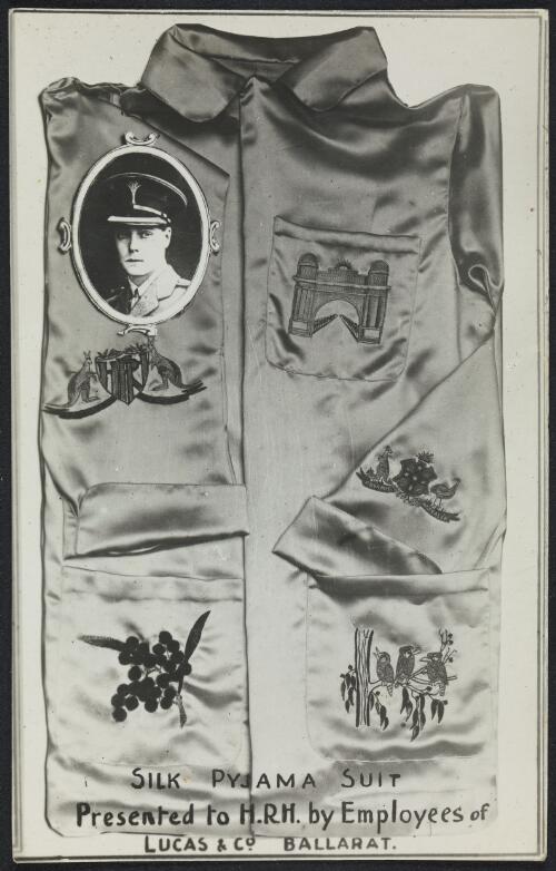 Silk pyjama suit presented to H.R.H. by employees of Lucas & Co. Ballarat, Victoria, 1920