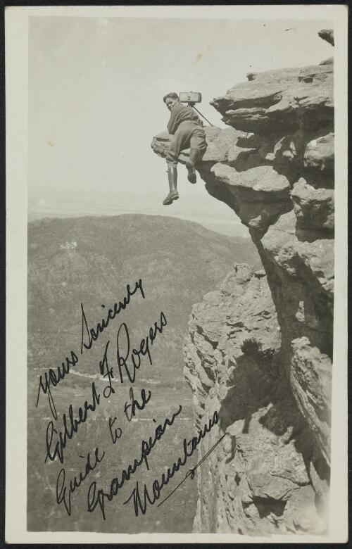 Photograph of Gilbert F. Rogers on a ledge, The Grampians, Victoria