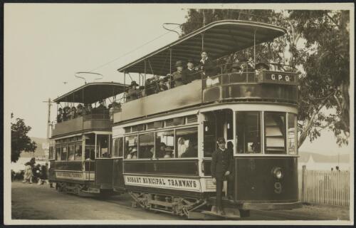 Two Hobart Municipal Tramways double-deck electric trams, Hobart, Tasmania, between 1930 and 1940