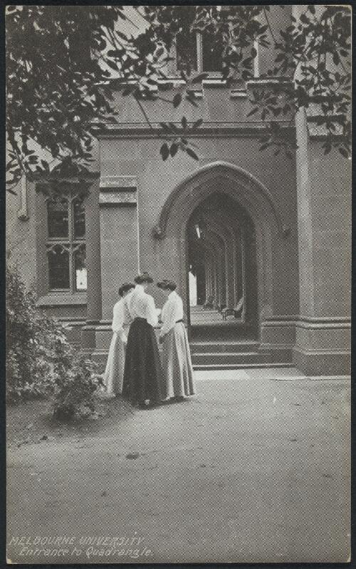 Three women standing at the entrance to the quadrangle, University of Melbourne, Victoria, approximately 1910