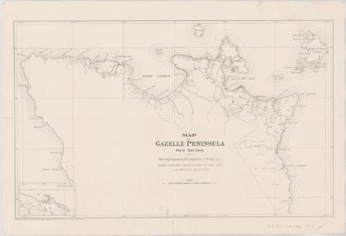 Map of Gazelle Peninsula, New Britain : showing expropriated properties (1st group) viz;- coconut plantations, trading stations and virgin lands to be offered for sale by tender / drawn by Home & Territories Dept., Lands & Survey Branch