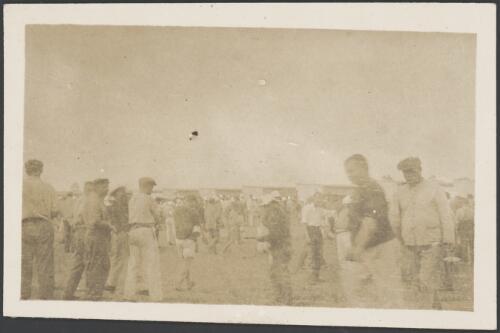 Camp inmates waiting for breakfast at the number one kitchen in the main compound, Holsworthy Internment Camp, Holsworthy, New South Wales, probably 1918 / S.C. Calderwood