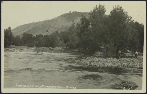 Federal Capital Site board members, Mr Mathews and Bowden at the junction of the Murrumbidgee and Cotter Rivers, Canberra, 1909 / Howard and Shearsby