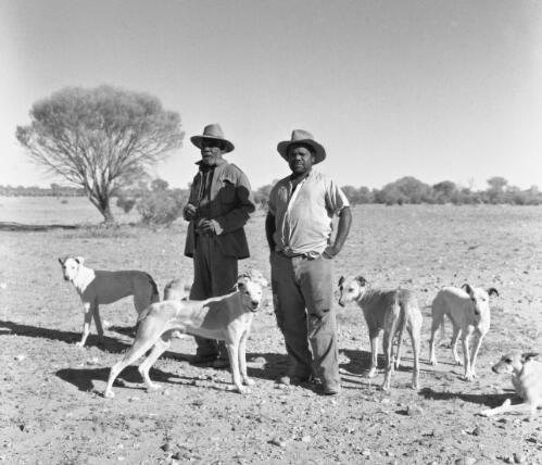Two Aboriginal Australian men with their hunting dogs, near Hermannsburg, Northern Territory, 1960s / Robin Smith