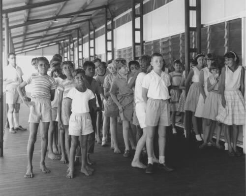 School children assembled outside classrooms at a school in Derby, Western Australia, 1961 / Robin Smith