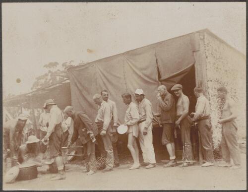Internees lining up to receive their meals, Holsworthy Internment Camp, near Liverpool, New South Wales, approximately 1916 / Carl Schiesser
