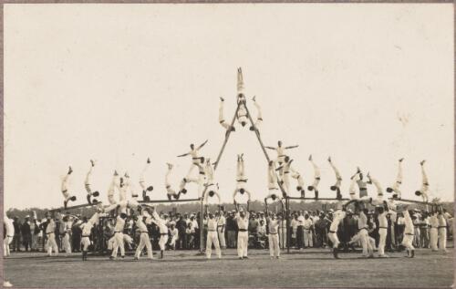 Group acrobatic performance by the gymnastics club at the internment camp at Holsworthy, New South Wales, 1918 or 1919, 1 / Carl Schiesser