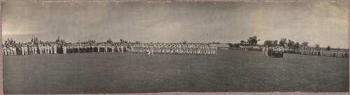 Panoramic view of internees maech-past in front of a crowd at the internment camp at Holsworthy, New South Wales, 1918 or 1919 / Carl Schiesser