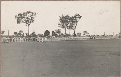 Distant view of the senior officer reviewing the internees at Holsworthy, New South Wales, 1918 or 1919 / Carl Schiesser