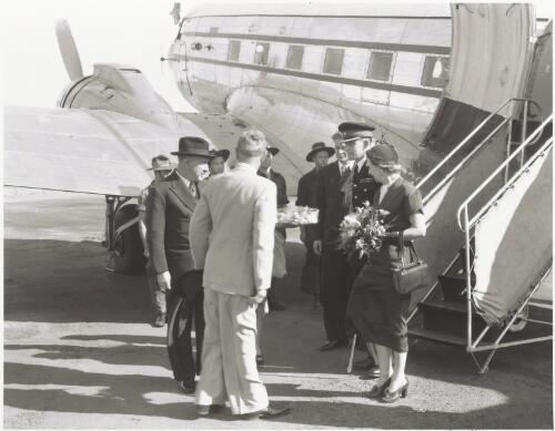 Governor General Sir William McKell arriving at RAAF Base Fairbairn, Canberra, 1951 / Douglas Thompson